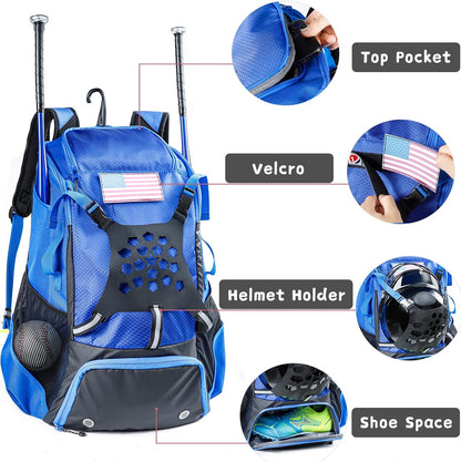 Baseball Backpack for Youth, Boys, Adults - Bat and Softball Equipment Bag with Glove Holder, Helmet, Shoes Compartment - T-Ball Accessories and Baseball Gifts