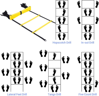 Agility Ladder Speed Training Set:  12 Rung 20Ft Soccer Training Equipment for Kids with 12 Cones, 4 Steel Stakes, Instruction Manual & Carrying Bag for Football Exercise Sports Footwork Training