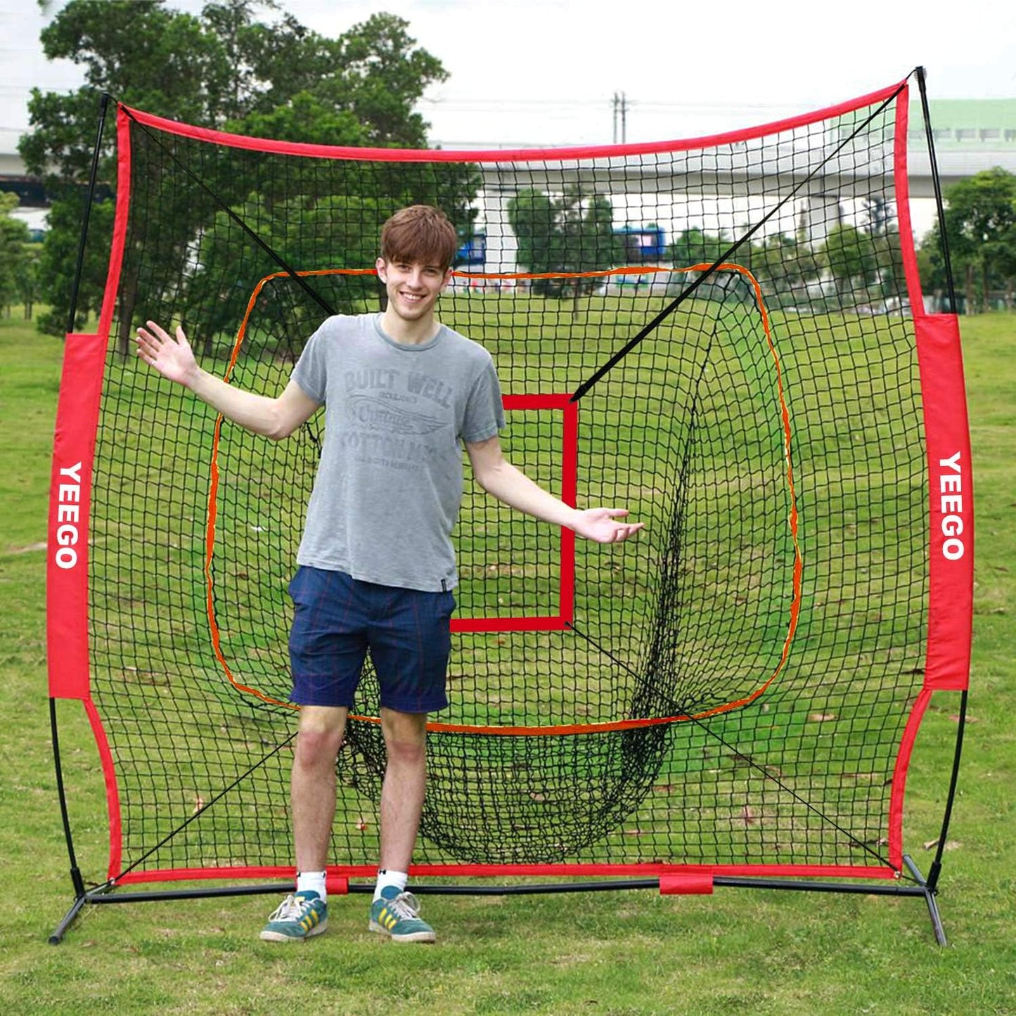 Baseball & Softball Practice Net YEEGO 7X7 Baseball Hitting Pitching Batting Cating Training Net with Carry Bag Bow Frame Bonus Strike Zone