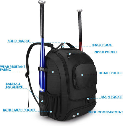 Softball Baseball Bag - Baseball Bat Backpack with Shoe Compartment, Baseball Bag with Fence Hook Tball Bag Bat Baseball Equipment Gear Fit Batting Glove, Helmet, Baseball Accessories