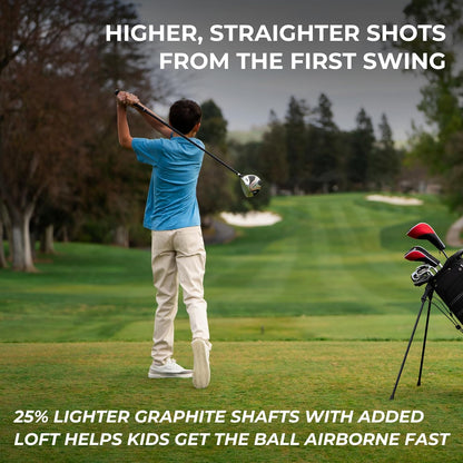 XD-J Junior Golf Clubs Set – Right & Left Hand Options – Kids Golf Clubs for Ages 3-5, 6-8, 9-12 – Lightweight Graphite Shafts, Hybrid Club, Stand Bag – Boys & Girls Golf Set