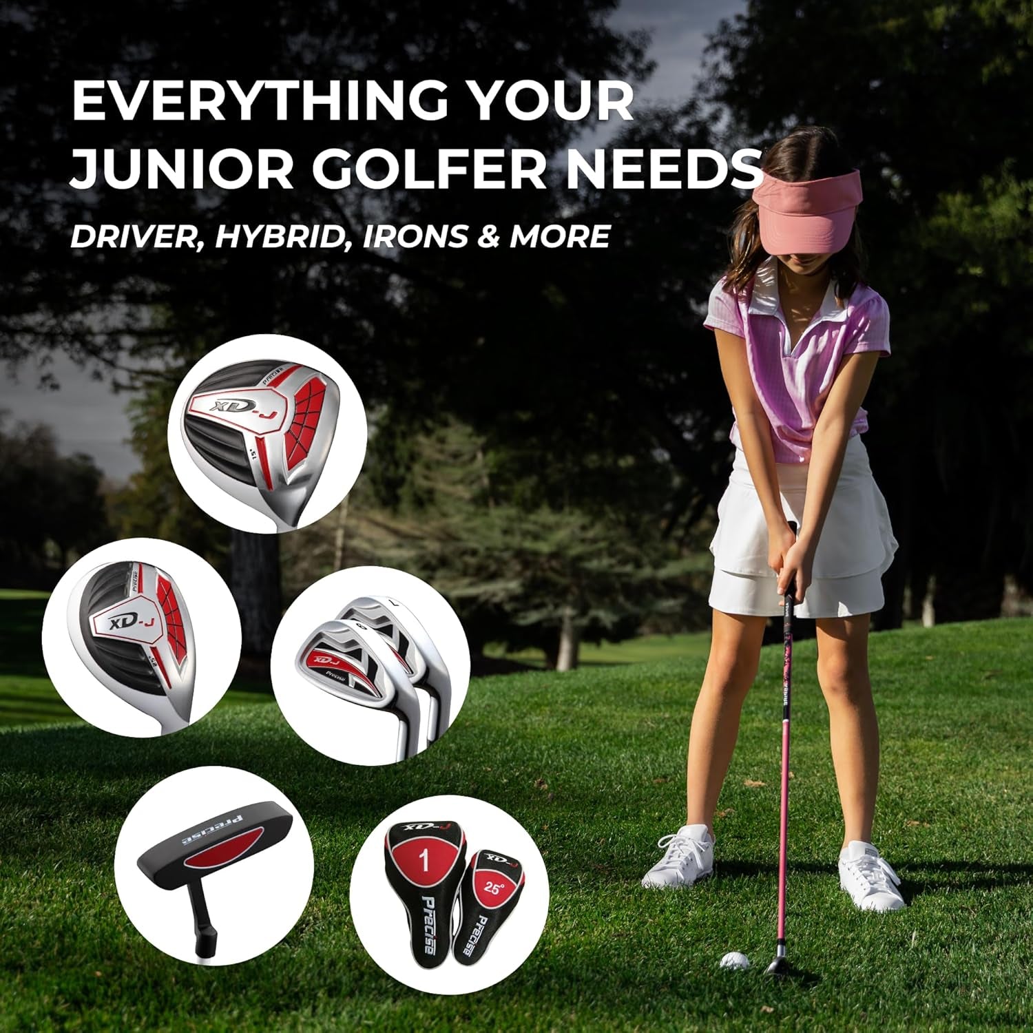 XD-J Junior Golf Clubs Set – Right & Left Hand Options – Kids Golf Clubs for Ages 3-5, 6-8, 9-12 – Lightweight Graphite Shafts, Hybrid Club, Stand Bag – Boys & Girls Golf Set