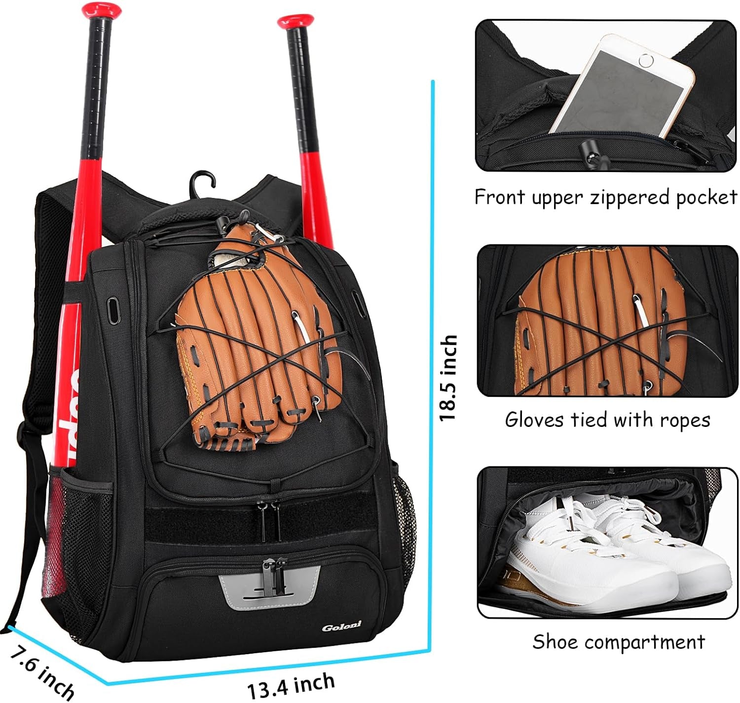 Baseball Bag,Backpack for Baseball, T-Ball & Softball Equipment & Gear,Softball Bag with Shoe Compartment,Fence Hook