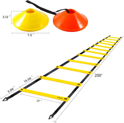 Agility Ladder Speed Training Set:  12 Rung 20Ft Soccer Training Equipment for Kids with 12 Cones, 4 Steel Stakes, Instruction Manual & Carrying Bag for Football Exercise Sports Footwork Training