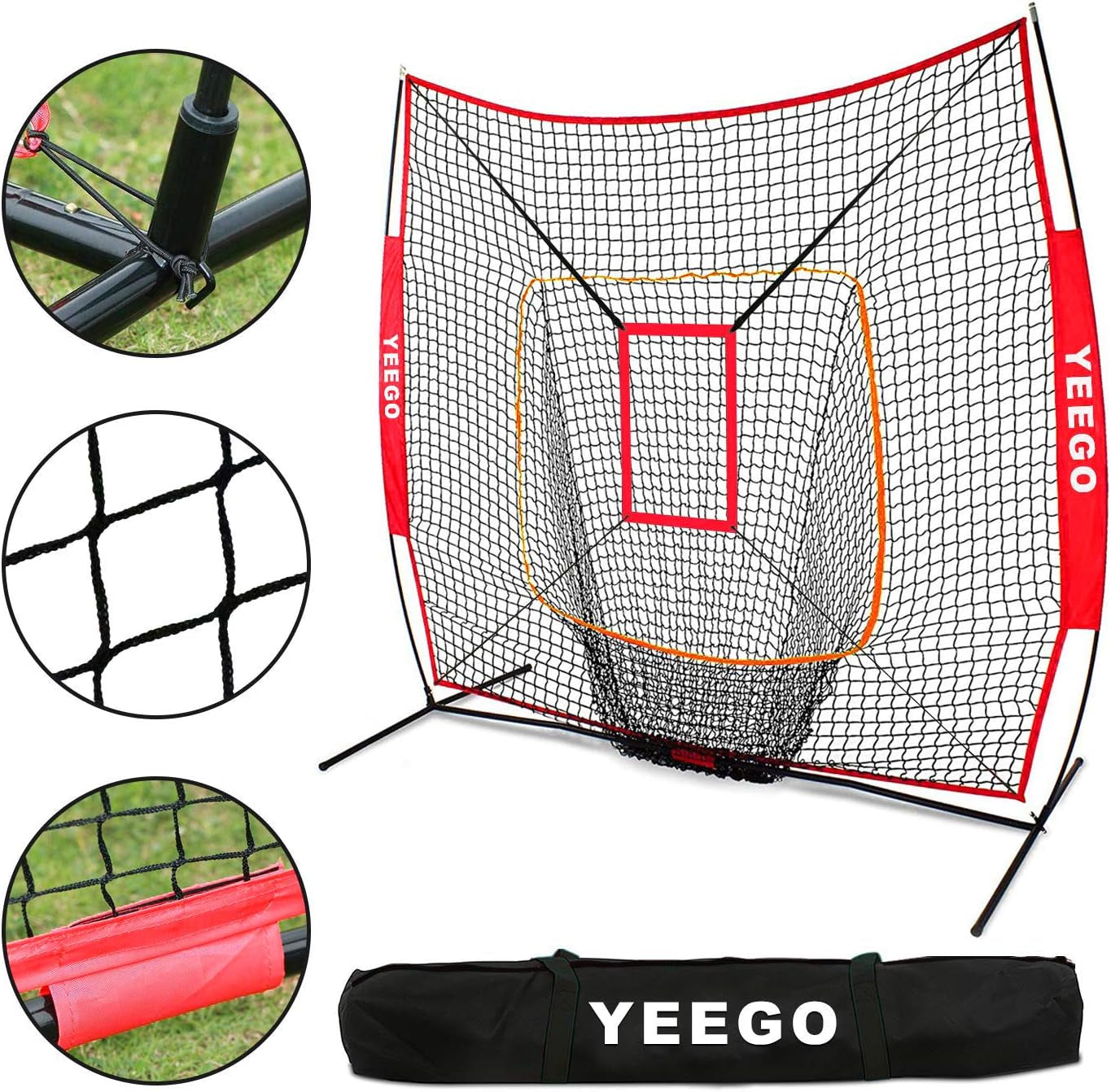 Baseball & Softball Practice Net YEEGO 7X7 Baseball Hitting Pitching Batting Cating Training Net with Carry Bag Bow Frame Bonus Strike Zone