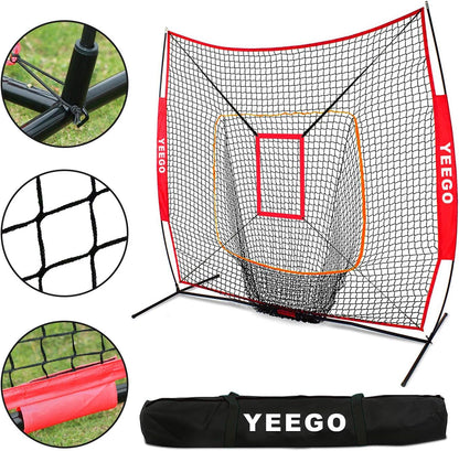 Baseball & Softball Practice Net YEEGO 7X7 Baseball Hitting Pitching Batting Cating Training Net with Carry Bag Bow Frame Bonus Strike Zone
