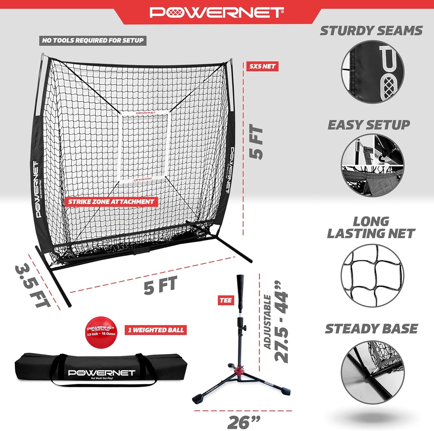Baseball Net Bundle, 5X5 Travel Net with Softball Accessories for Hitting, Pitching, Training Equipment, Weighted Ball, Tee
