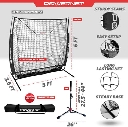 Baseball Net Bundle, 5X5 Travel Net with Softball Accessories for Hitting, Pitching, Training Equipment, Weighted Ball, Tee