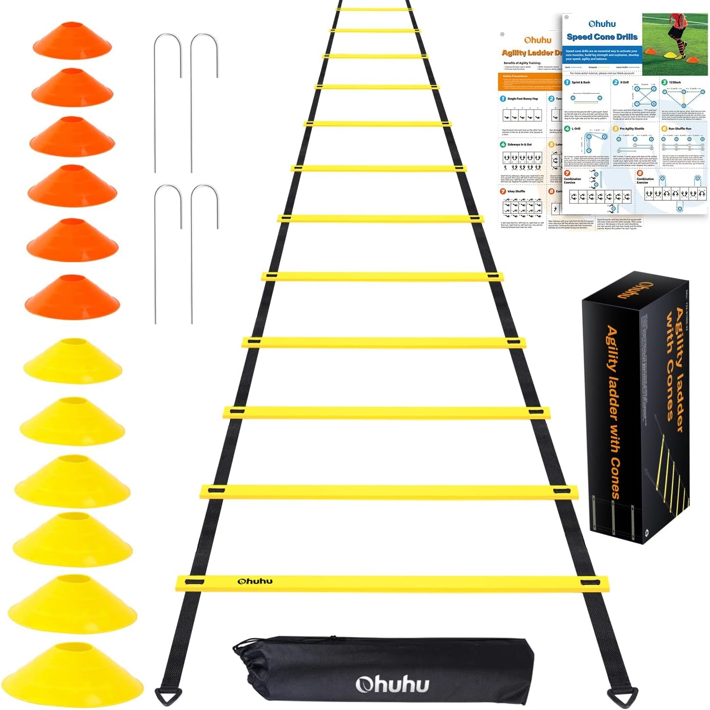 Agility Ladder Speed Training Set:  12 Rung 20Ft Soccer Training Equipment for Kids with 12 Cones, 4 Steel Stakes, Instruction Manual & Carrying Bag for Football Exercise Sports Footwork Training
