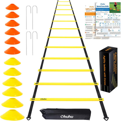 Agility Ladder Speed Training Set:  12 Rung 20Ft Soccer Training Equipment for Kids with 12 Cones, 4 Steel Stakes, Instruction Manual & Carrying Bag for Football Exercise Sports Footwork Training