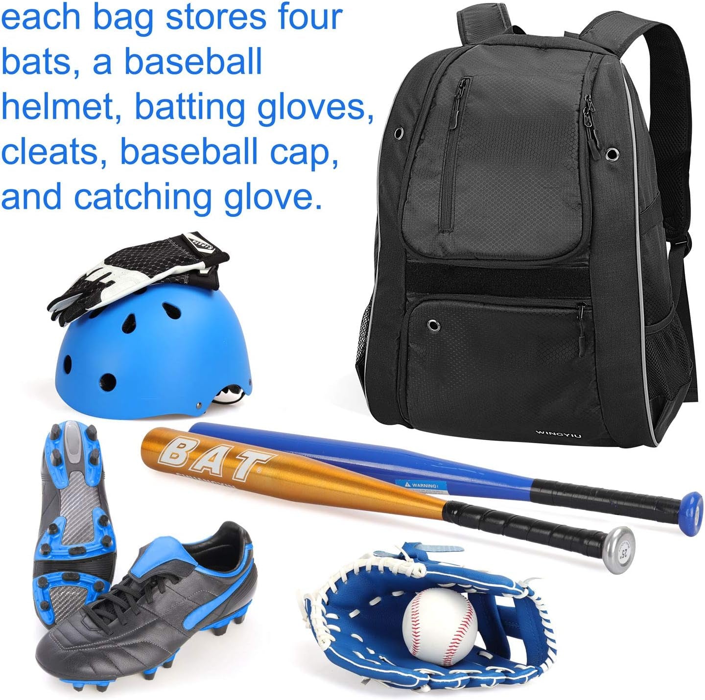 Baseball Backpack, Softball Bat Bag with Shoe Compartment, T Ball Equipment Gear for Adults, Lightweight Baseball Bag Hold 4 Bats, Helmet, Glove, Caps, Valuables Pocket, Fence Hook