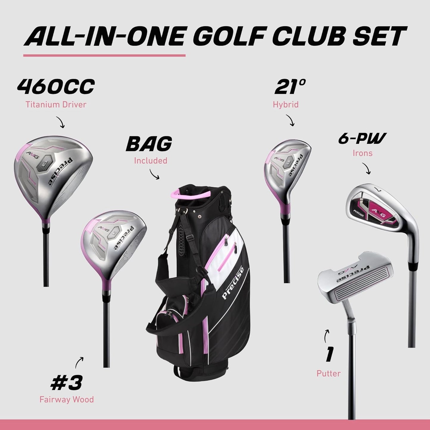AMG Complete Womens Golf Clubs Set, Includes Driver, Fairway, Hybrid, 6-PW Irons, Putter, Stand Bag, 3 H/C'S, Golf Clubs Women Right Handed, Regular & Petite Sizes