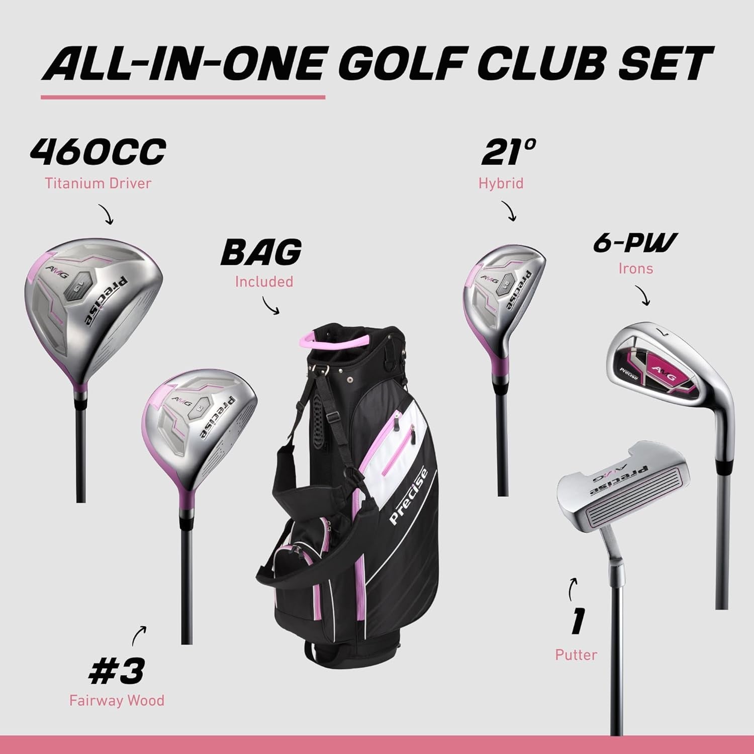 AMG Complete Womens Golf Clubs Set, Includes Driver, Fairway, Hybrid, 6-PW Irons, Putter, Stand Bag, 3 H/C'S, Golf Clubs Women Right Handed, Regular & Petite Sizes