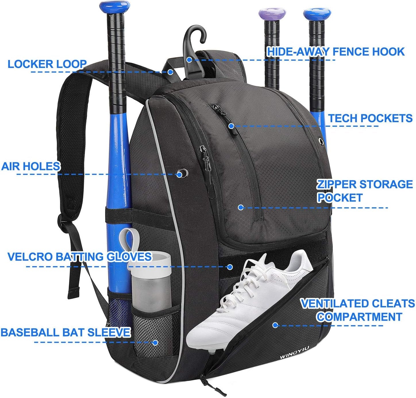 Baseball Backpack, Softball Bat Bag with Shoe Compartment, T Ball Equipment Gear for Adults, Lightweight Baseball Bag Hold 4 Bats, Helmet, Glove, Caps, Valuables Pocket, Fence Hook