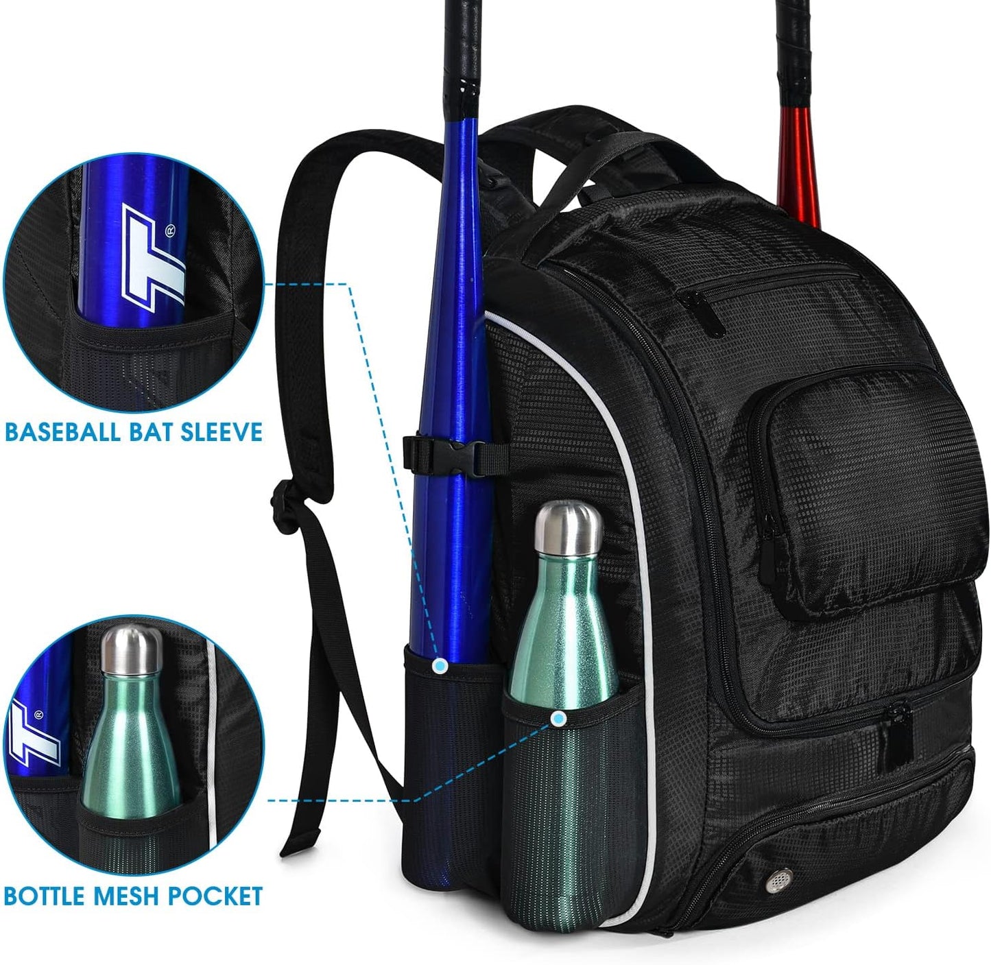 Softball Baseball Bag - Baseball Bat Backpack with Shoe Compartment, Baseball Bag with Fence Hook Tball Bag Bat Baseball Equipment Gear Fit Batting Glove, Helmet, Baseball Accessories