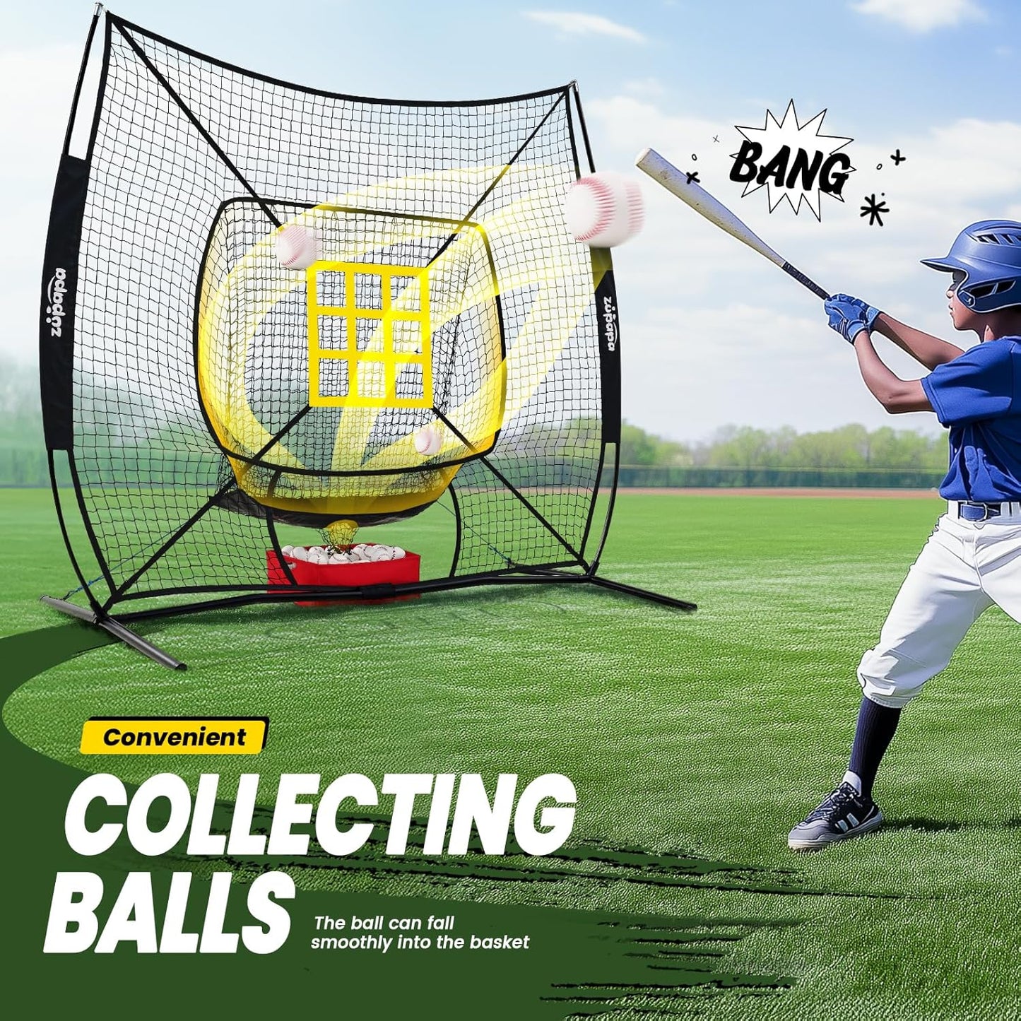 Baseball Softball Practice Set - 7 by 7 Feet Net with Strike Zone, Baseball Backstop Practice Net for Batting Hitting Pitching Catching