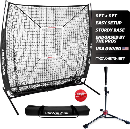 Baseball Net Bundle, 5X5 Travel Net with Softball Accessories for Hitting, Pitching, Training Equipment, Weighted Ball, Tee