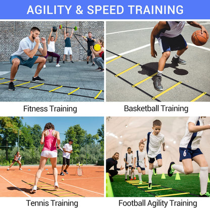 Agility Ladder Speed Training Set:  12 Rung 20Ft Soccer Training Equipment for Kids with 12 Cones, 4 Steel Stakes, Instruction Manual & Carrying Bag for Football Exercise Sports Footwork Training