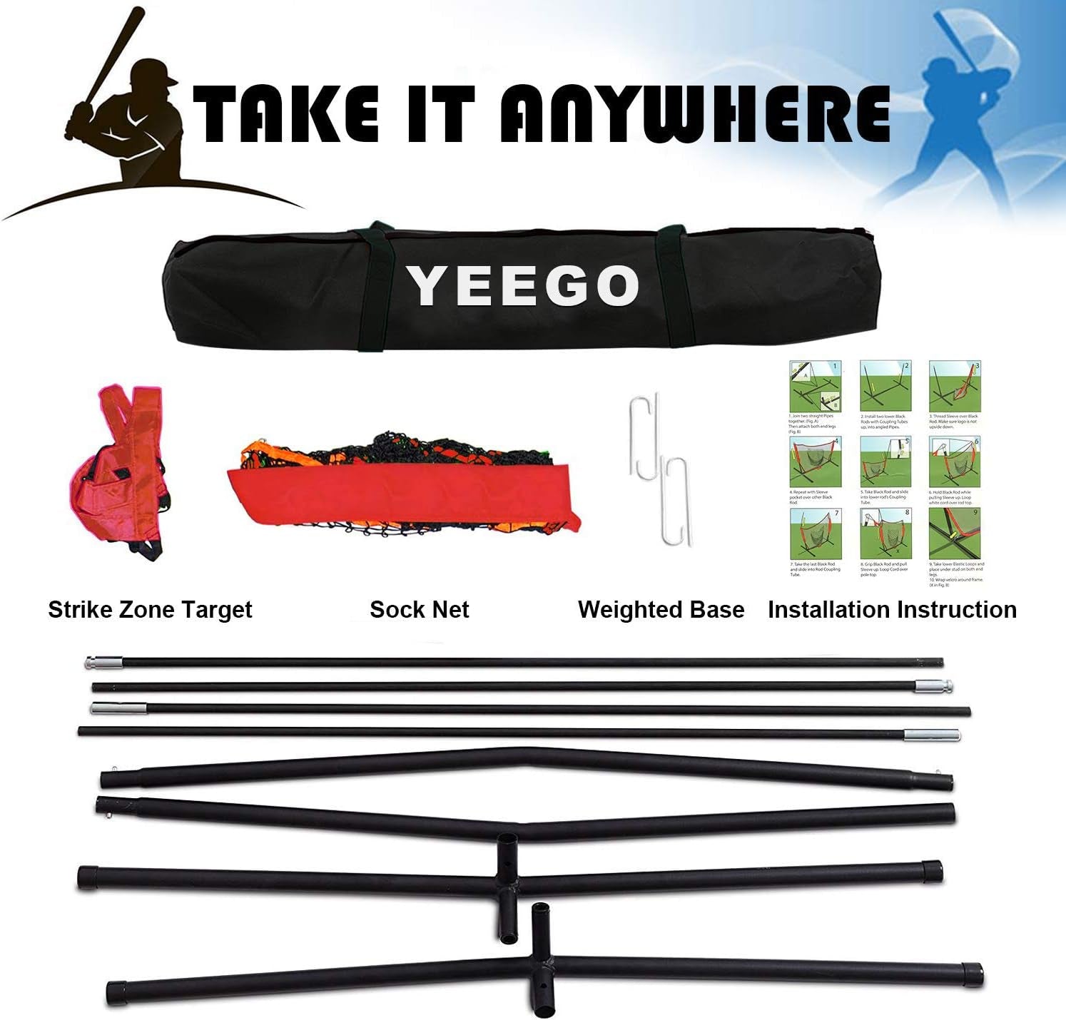 Baseball & Softball Practice Net YEEGO 7X7 Baseball Hitting Pitching Batting Cating Training Net with Carry Bag Bow Frame Bonus Strike Zone