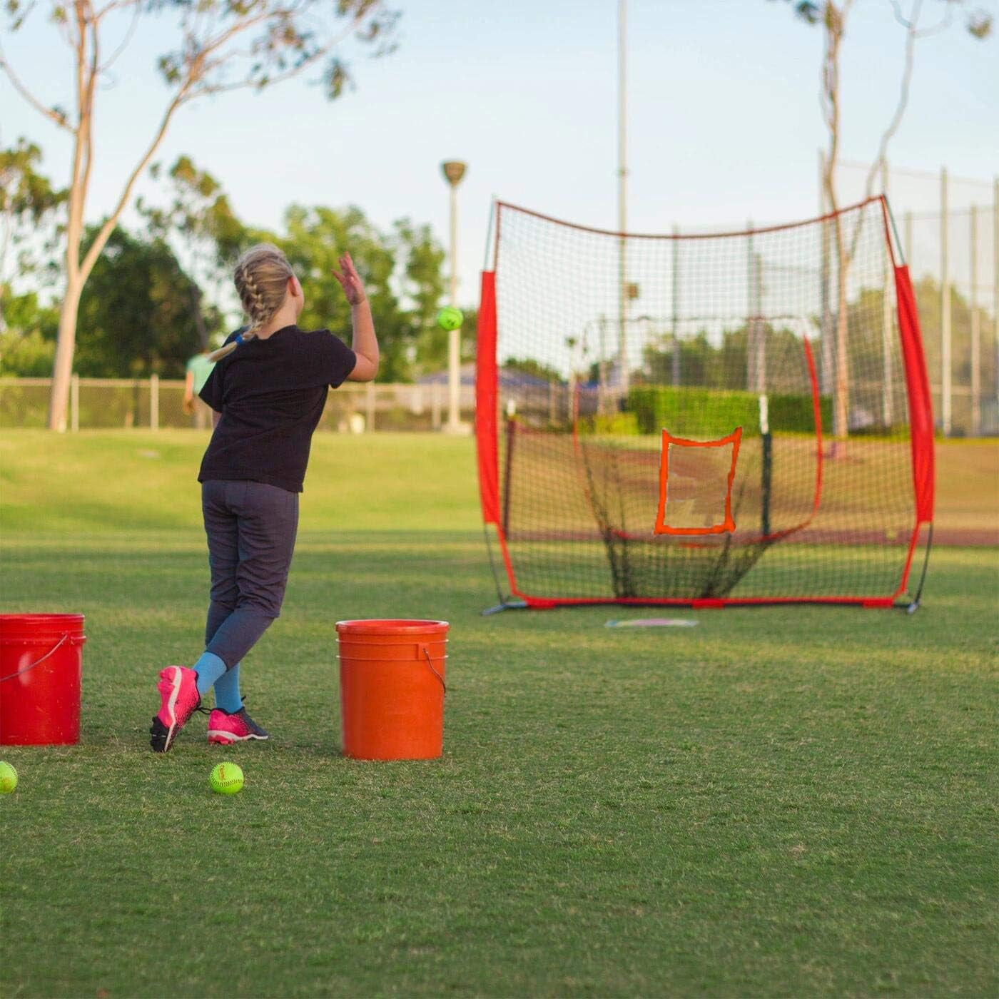 Baseball & Softball Practice Net YEEGO 7X7 Baseball Hitting Pitching Batting Cating Training Net with Carry Bag Bow Frame Bonus Strike Zone