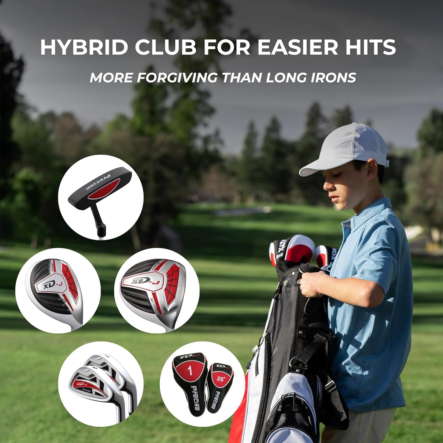 XD-J Junior Golf Clubs Set – Right & Left Hand Options – Kids Golf Clubs for Ages 3-5, 6-8, 9-12 – Lightweight Graphite Shafts, Hybrid Club, Stand Bag – Boys & Girls Golf Set