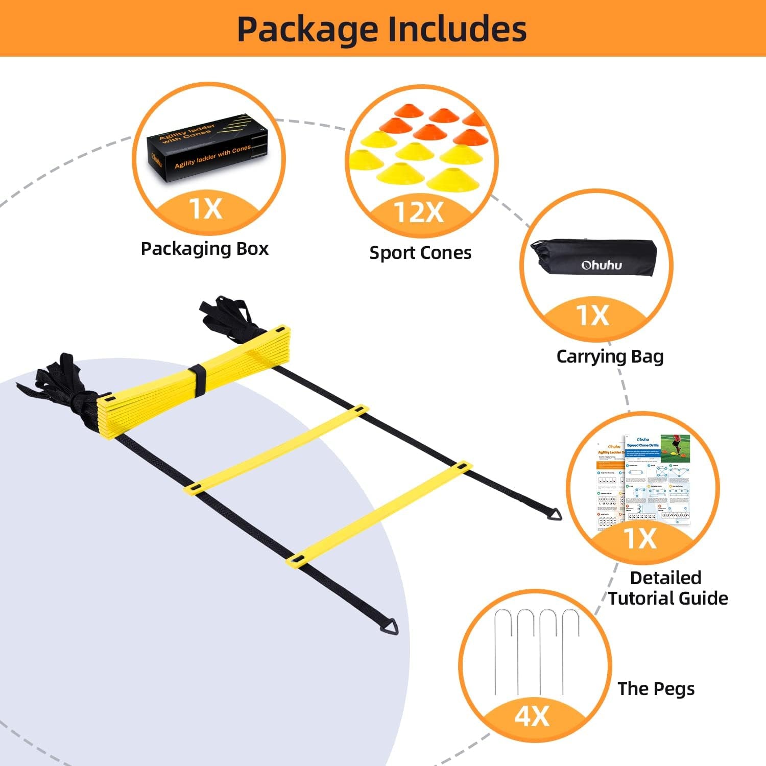 Agility Ladder Speed Training Set:  12 Rung 20Ft Soccer Training Equipment for Kids with 12 Cones, 4 Steel Stakes, Instruction Manual & Carrying Bag for Football Exercise Sports Footwork Training
