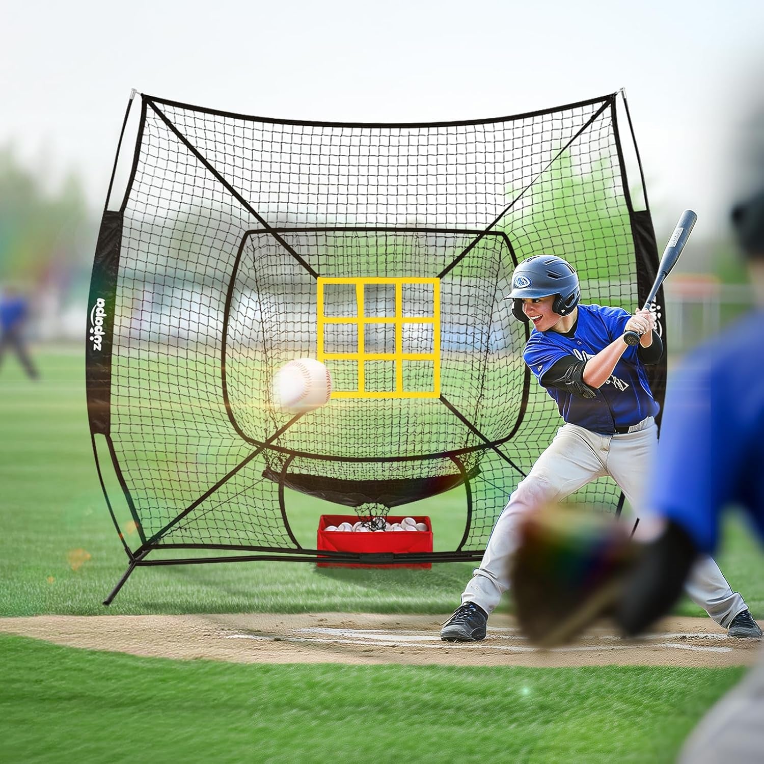 Baseball Softball Practice Set - 7 by 7 Feet Net with Strike Zone, Baseball Backstop Practice Net for Batting Hitting Pitching Catching