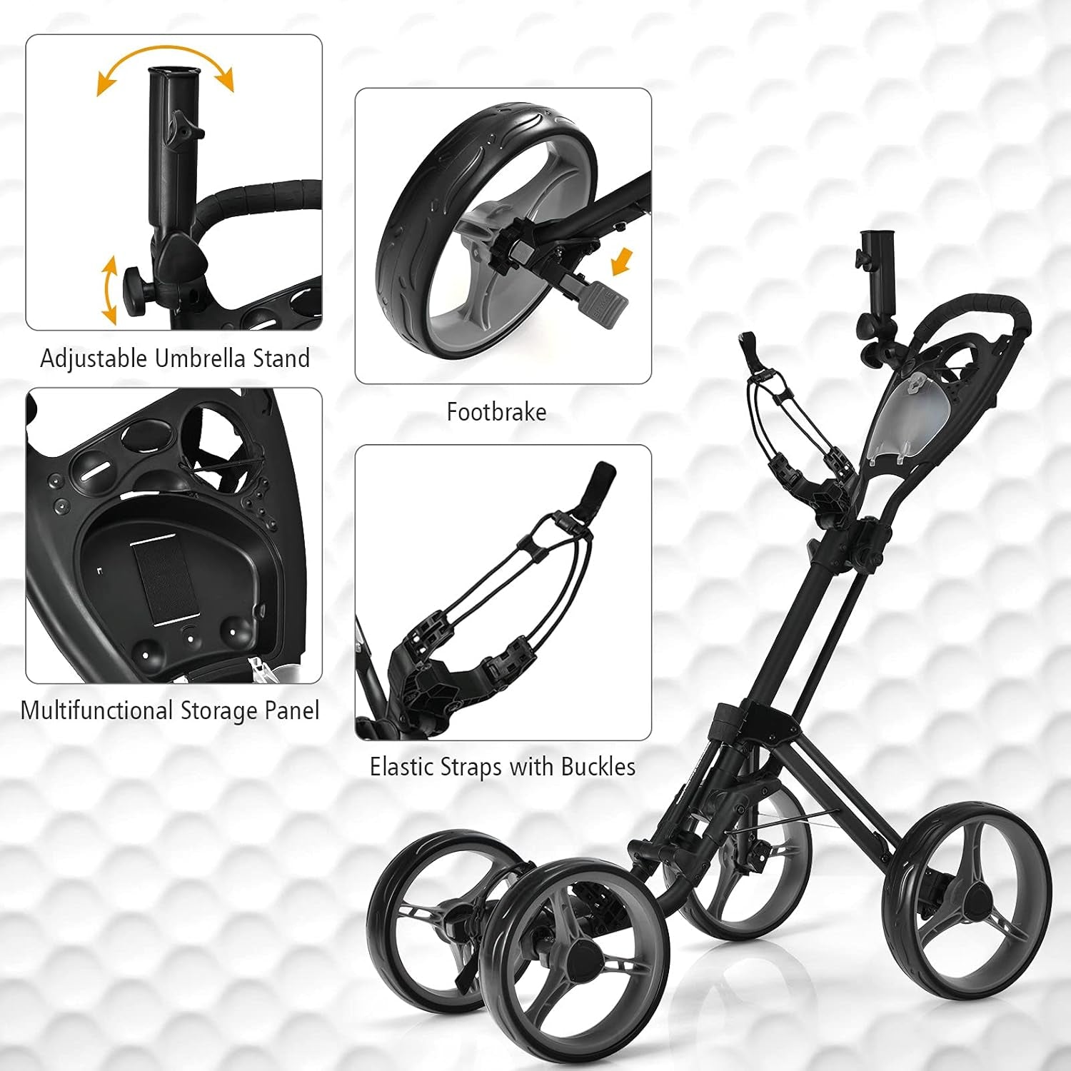 Golf Push Pull Cart, Lightweight Aluminum Collapsible Golf Push Cart with 4 Wheels, Golf Cart W/Upper/Lower Bracket, Umbrella & Cup Holder, Golf Trolley with Scoreboard Storage & Foot Brake